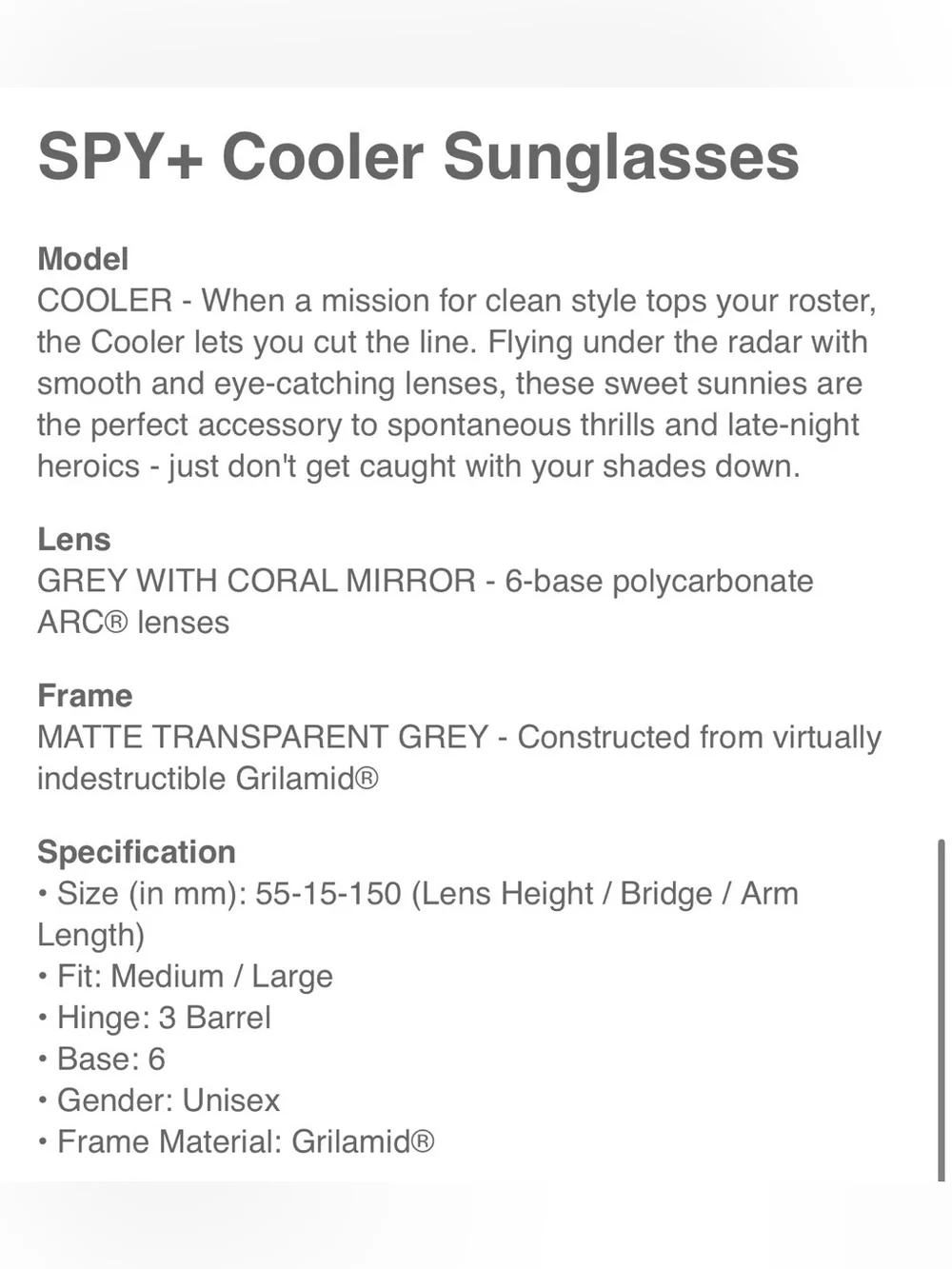 Spy Optics Cooler Sunglasses with Coral Lenses
